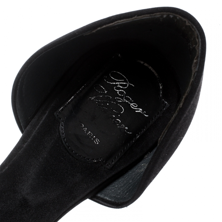 Pre Owned Roger Vivier Black Satin Chips Prism Studded Flats Size 38