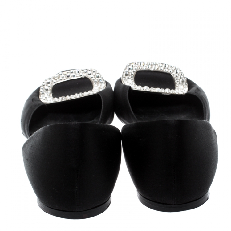 Pre Owned Roger Vivier Black Satin Chips Prism Studded Flats Size 38