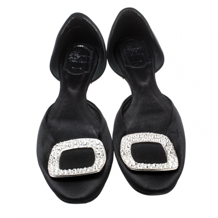 Pre Owned Roger Vivier Black Satin Chips Prism Studded Flats Size 38