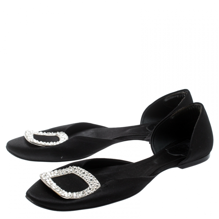 Pre Owned Roger Vivier Black Satin Chips Prism Studded Flats Size 38