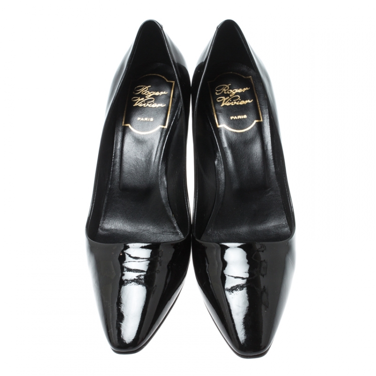 Pre Owned Roger Vivier Black Patent Leather Curved Heel Pumps Size 36.5