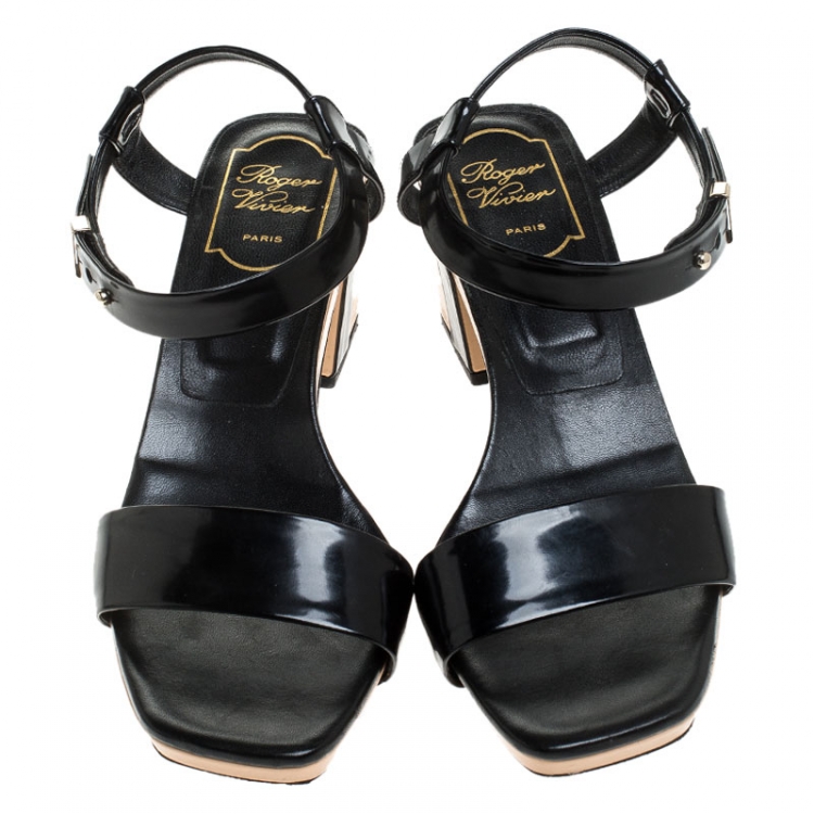 Pre Owned Roger Vivier Black Leather Ankle Strap Sandals Size 37.5