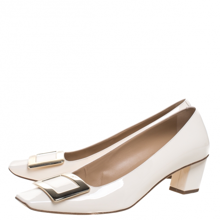 Pre Owned Roger Vivier Off White Patent Leather Square Toe Belle Pumps Size 37