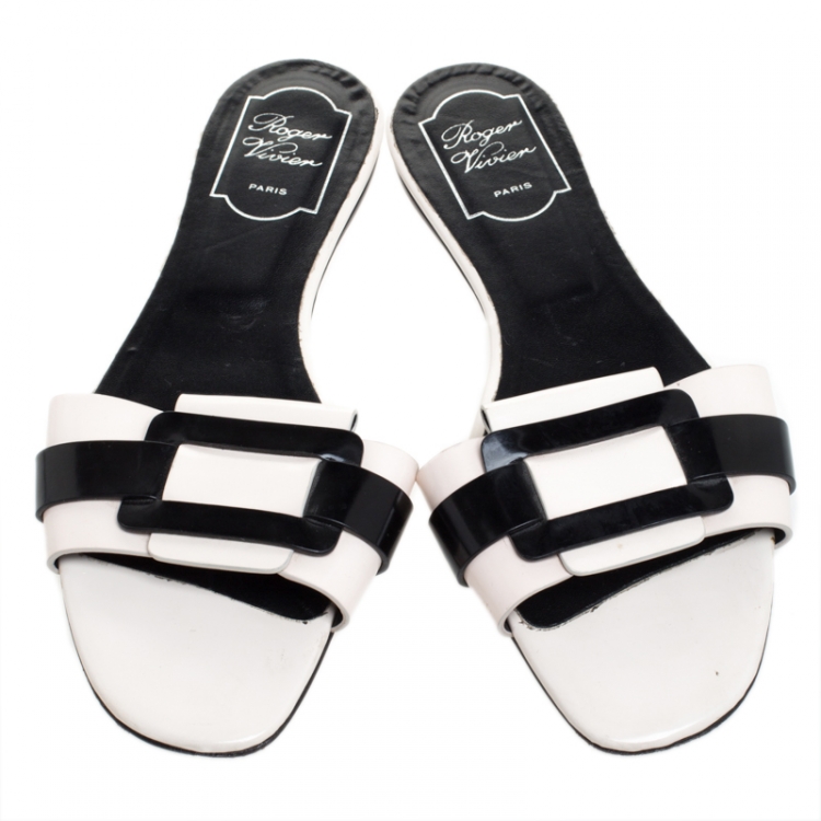 Pre Owned Roger Vivier Cream/Black Leather Pilgrim De Jour Flat Slides Size 39