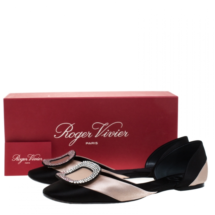 Pre Owned Roger Vivier Black Satin Crystal Embellished D'orsay Ballet Flats Size 41