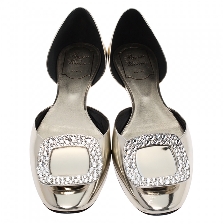 Pre Owned Roger Vivier Metallic Gold Leather Crystal Embellished D'orsay Ballet Flats Size 38