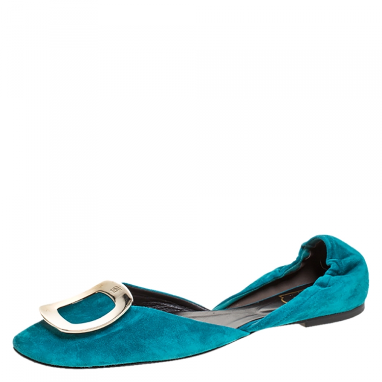 Pre Owned Roger Vivier Blue Suede Leather Prism D'Orsay Flats Size 39
