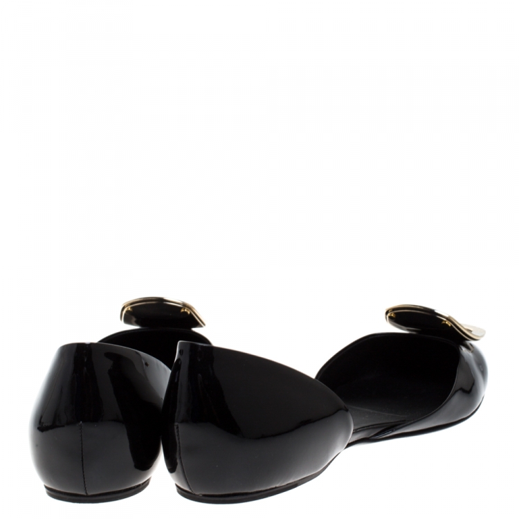 Pre Owned Roger Vivier Black Patent Leather Chips D'Orsay Buckle Flats Size 38