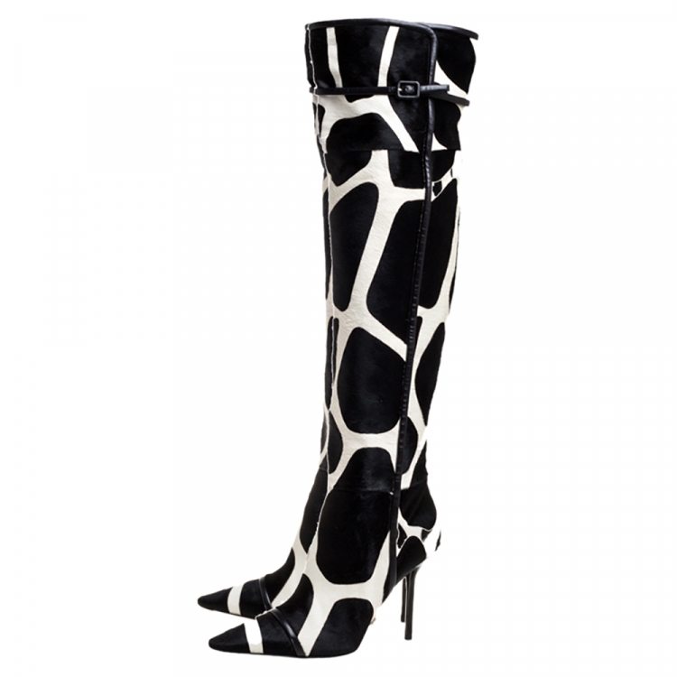 مملوكة مسبقًا Roger Vivier  Black/White Giraffe Print  Calf Hair And Leather Thigh Length Boots Size 40
