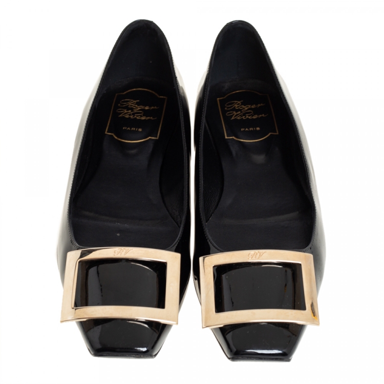 Pre Owned Roger Vivier Black Patent Leather Belle Ballerina Flats Size 36.5