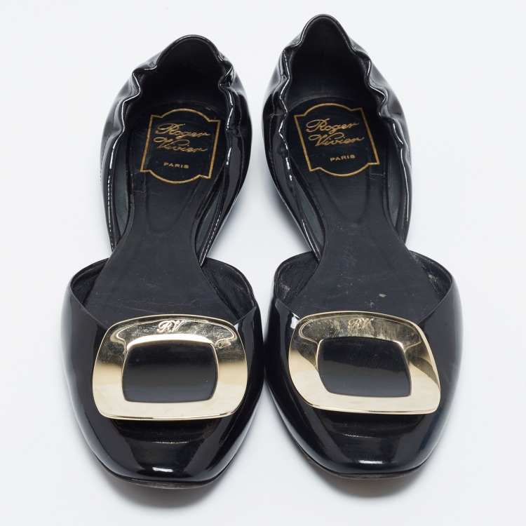 مملوكة مسبقًا Roger Vivier Black Patent Leather Chips D'Orsay Buckle Flats Size 39