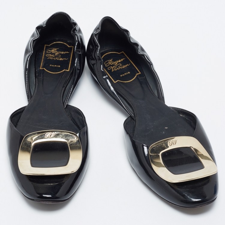 مملوكة مسبقًا Roger Vivier Black Patent Leather Chips D'Orsay Buckle Flats Size 39