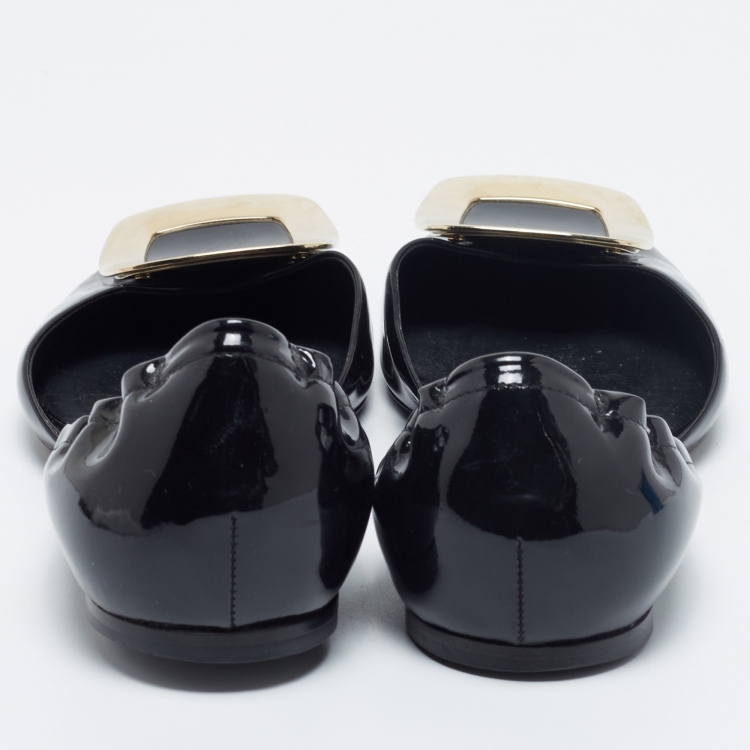 مملوكة مسبقًا Roger Vivier Black Patent Leather Chips D'Orsay Buckle Flats Size 39