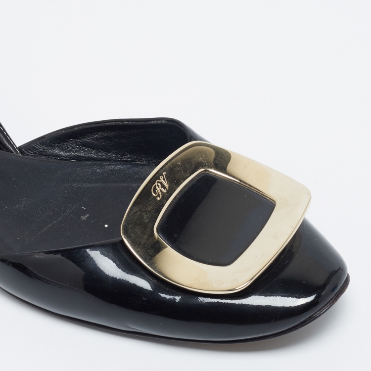 مملوكة مسبقًا Roger Vivier Black Patent Leather Chips D'Orsay Buckle Flats Size 39
