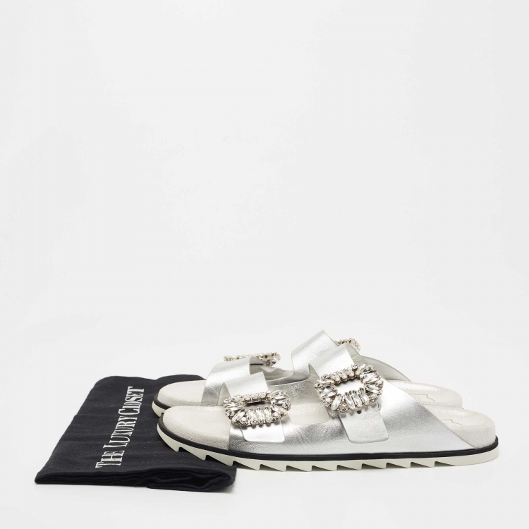 Pre Owned Roger Vivier Grey/Silver Leather and Suede Slidy Viv Slide Flats Size 39