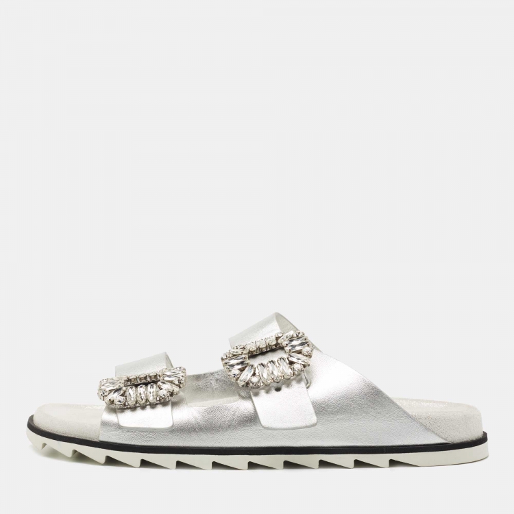 Roger Vivier Grey Silver Leather and Suede Slidy Viv Slide Flats