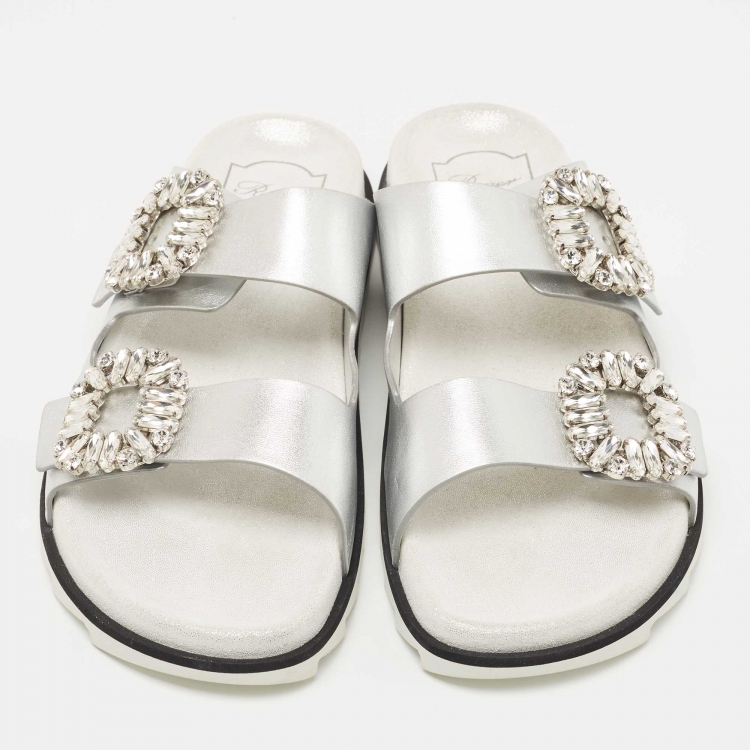 Pre Owned Roger Vivier Grey/Silver Leather and Suede Slidy Viv Slide Flats Size 39