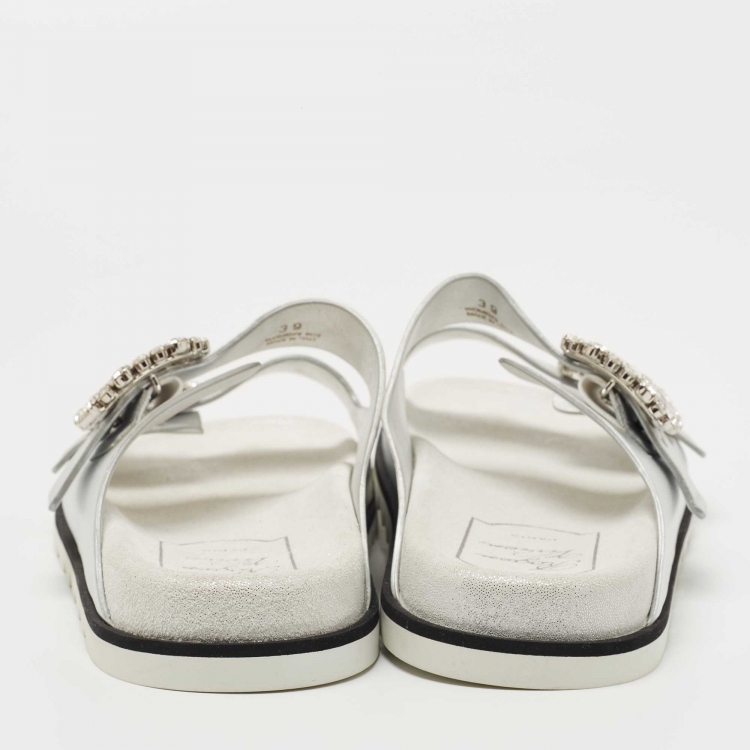 Pre Owned Roger Vivier Grey/Silver Leather and Suede Slidy Viv Slide Flats Size 39