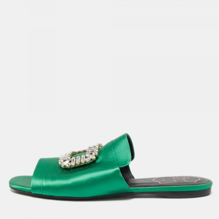 Roger Vivier Green Satin Crystal Embellished Flat Sandals Size 38.5 ...