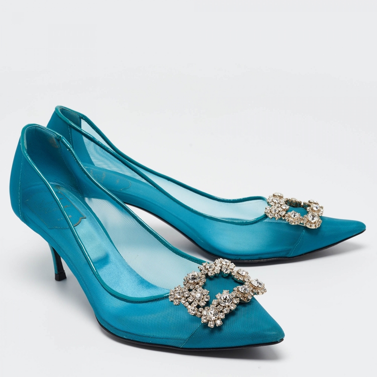 Pre Owned Roger Teal Mesh and Patent Leather Vivier Strass Pumps Size 41