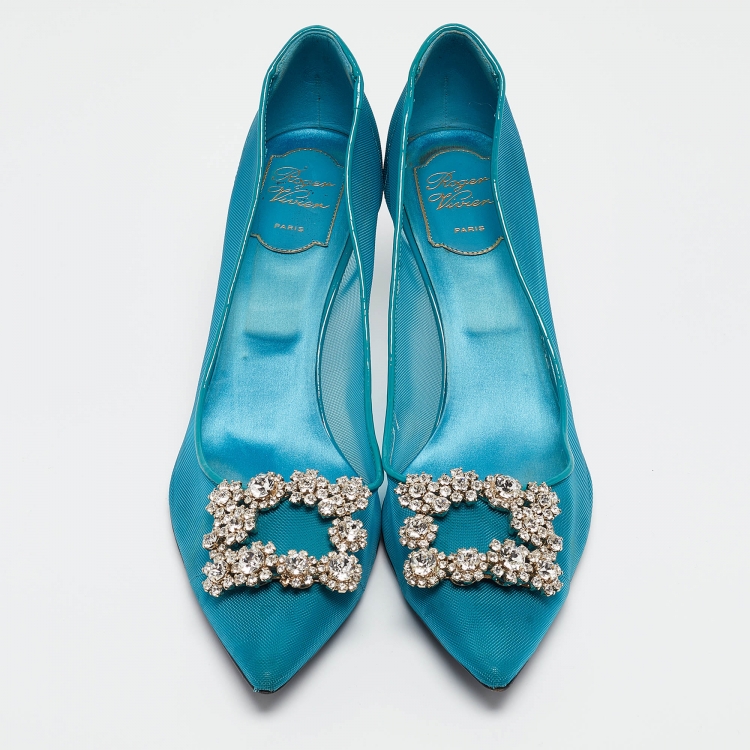 Pre Owned Roger Teal Mesh and Patent Leather Vivier Strass Pumps Size 41