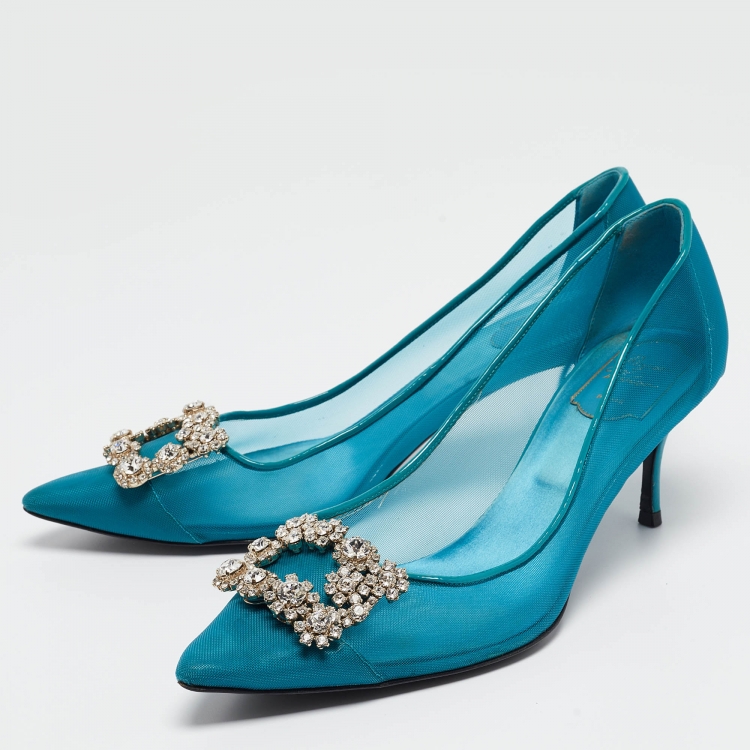 Pre Owned Roger Teal Mesh and Patent Leather Vivier Strass Pumps Size 41