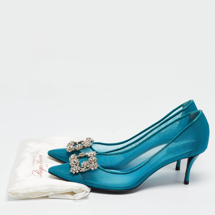 Pre Owned Roger Teal Mesh and Patent Leather Vivier Strass Pumps Size 41