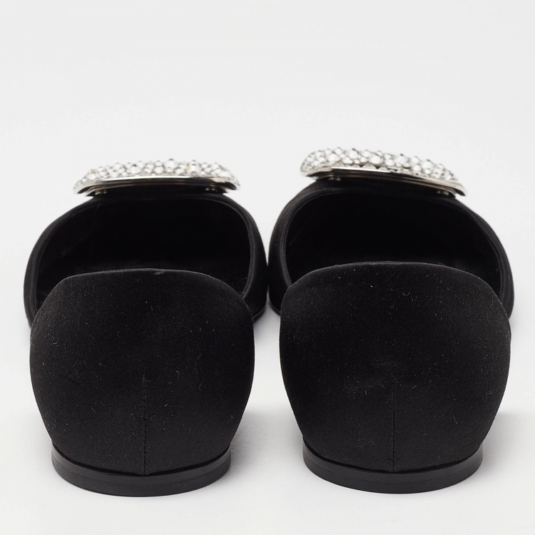 Pre Owned Roger Vivier Black Satin Strass Chips Ballerina D'orsay Flats Size 40.5