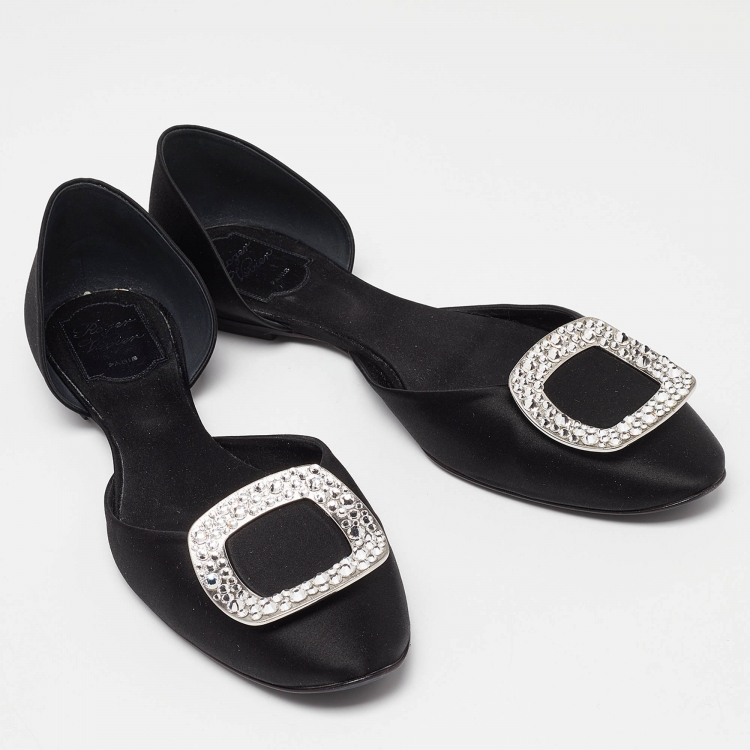 Pre Owned Roger Vivier Black Satin Strass Chips Ballerina D'orsay Flats Size 40.5