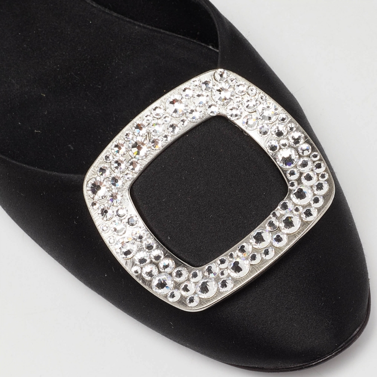 Pre Owned Roger Vivier Black Satin Strass Chips Ballerina D'orsay Flats Size 40.5