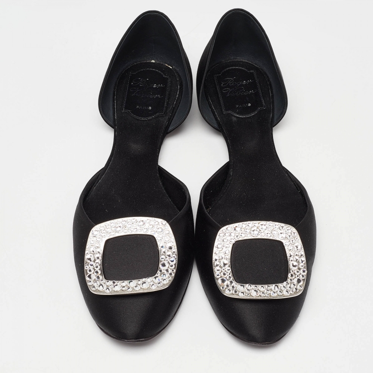 Pre Owned Roger Vivier Black Satin Strass Chips Ballerina D'orsay Flats Size 40.5