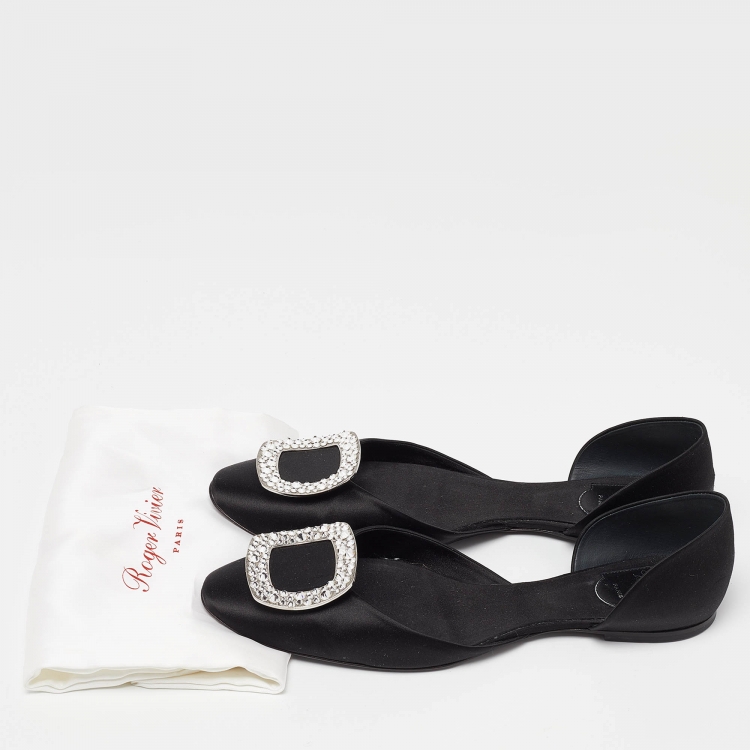 Pre Owned Roger Vivier Black Satin Strass Chips Ballerina D'orsay Flats Size 40.5