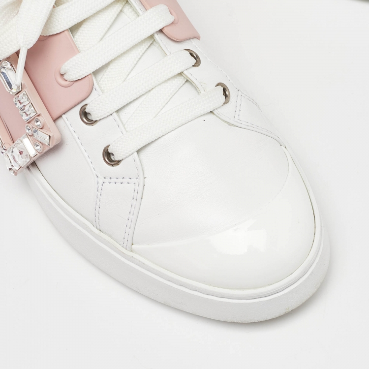 Pre Owned Roger Vivier White/Pink Leather Viv' Skate Crystal Embellished Low Top Sneakers Size 39