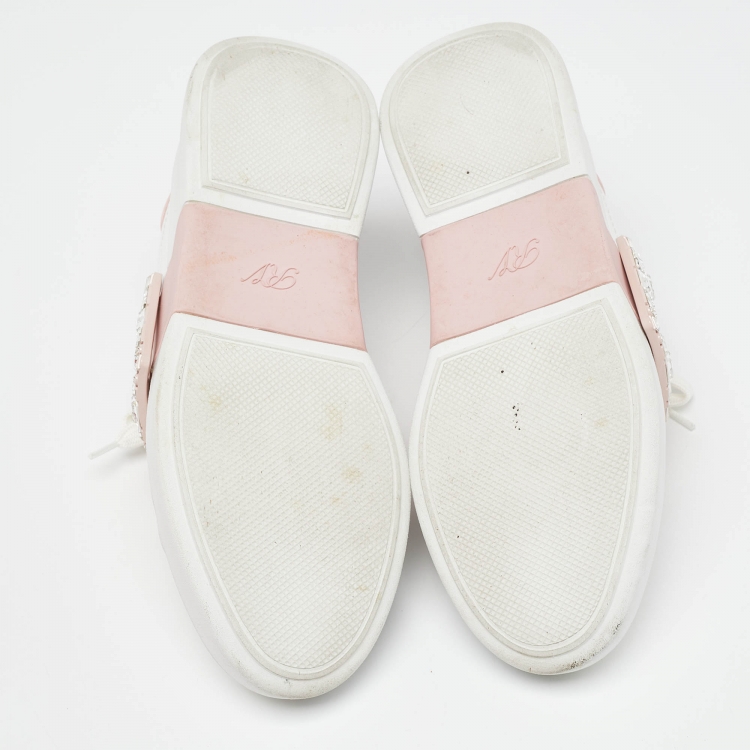 Pre Owned Roger Vivier White/Pink Leather Viv' Skate Crystal Embellished Low Top Sneakers Size 39