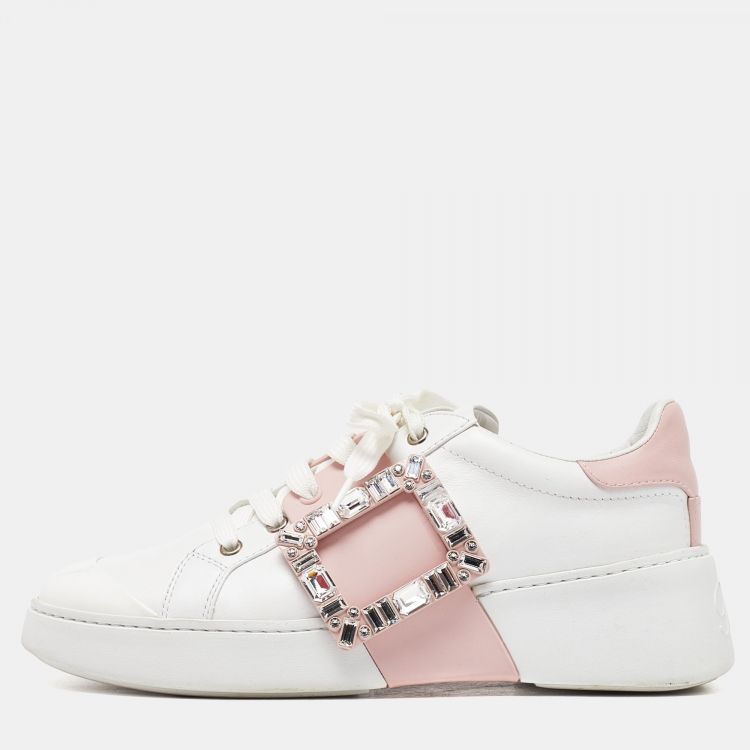 Pre Owned Roger Vivier White/Pink Leather Viv' Skate Crystal Embellished Low Top Sneakers Size 39