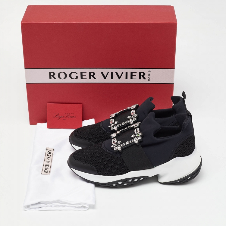 Pre Owned Roger Vivier Black Fabric and Leather Sneaky Viv Crystal Embellished Slip On Sneakers Size 39