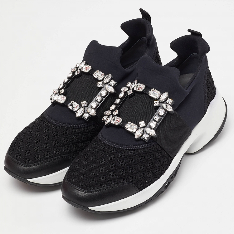 Pre Owned Roger Vivier Black Fabric and Leather Sneaky Viv Crystal Embellished Slip On Sneakers Size 39