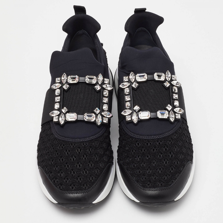 Pre Owned Roger Vivier Black Fabric and Leather Sneaky Viv Crystal Embellished Slip On Sneakers Size 39