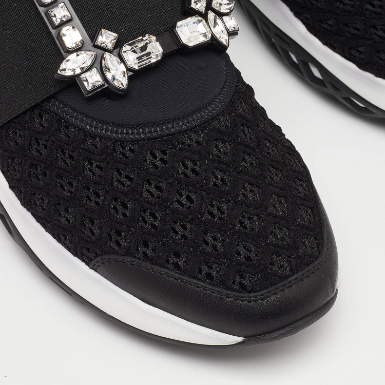 Pre Owned Roger Vivier Black Fabric and Leather Sneaky Viv Crystal Embellished Slip On Sneakers Size 39