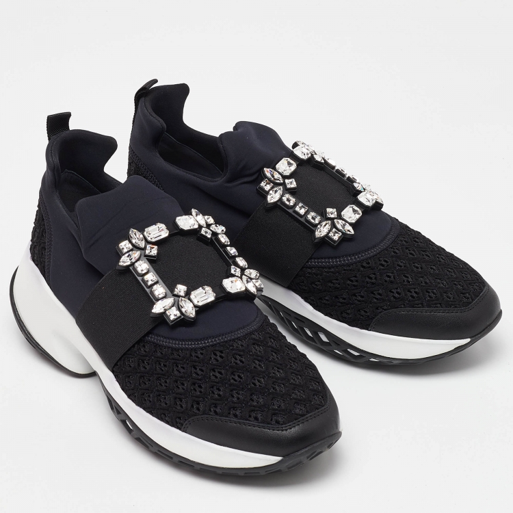 Pre Owned Roger Vivier Black Fabric and Leather Sneaky Viv Crystal Embellished Slip On Sneakers Size 39