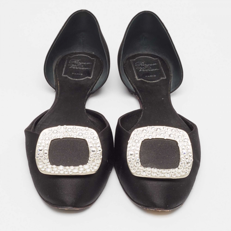 Pre Owned Roger Vivier Black Satin Chip Strass D'orsay Flats Size 42