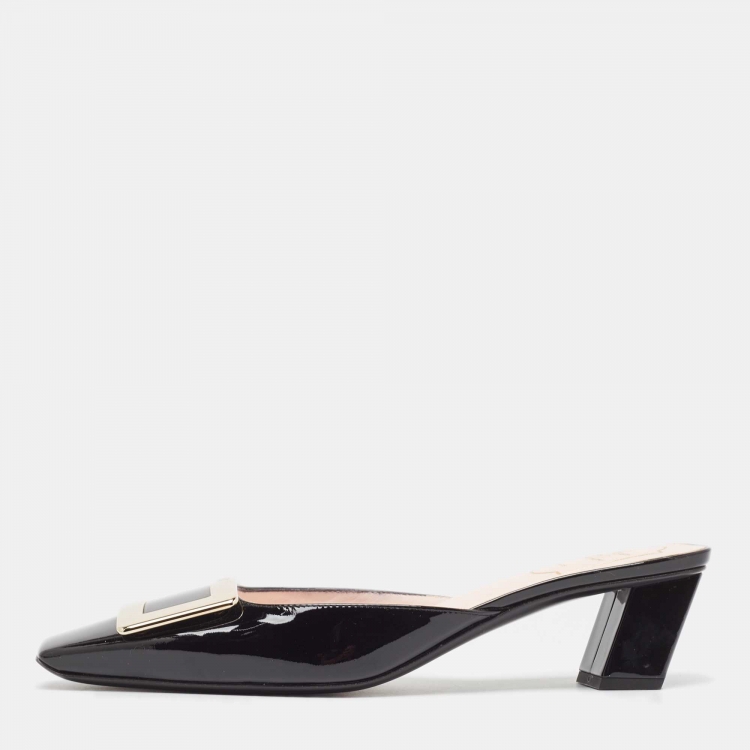 Pre Owned Roger Vivier Black Patent Leather Belle Vivier Mules Size 39
