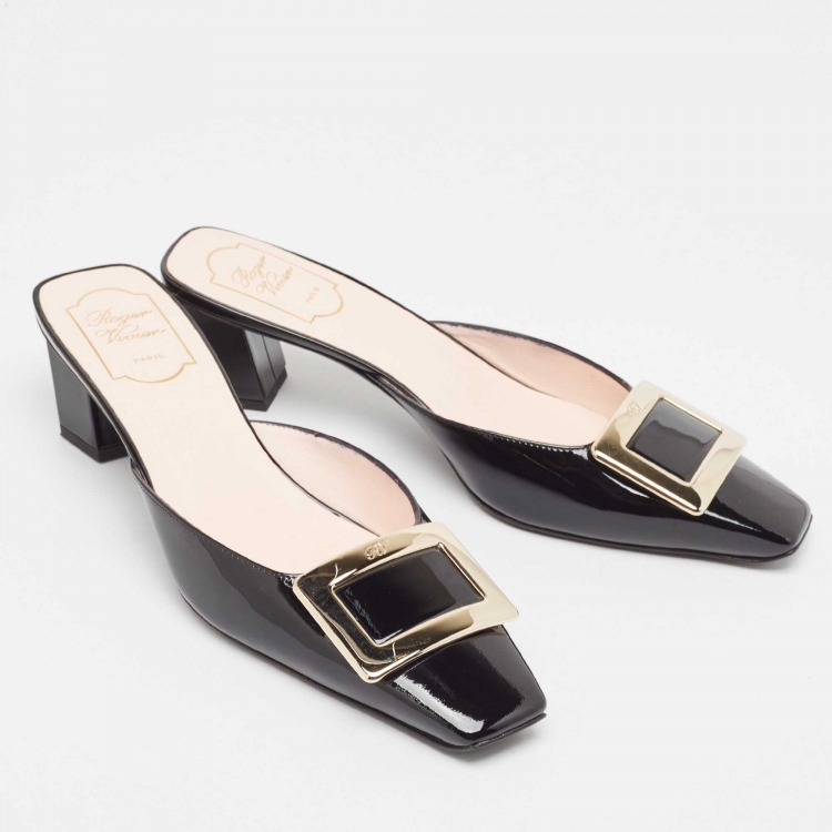 Pre Owned Roger Vivier Black Patent Leather Belle Vivier Mules Size 39