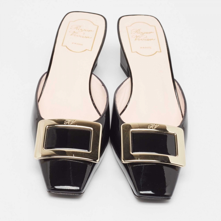 Pre Owned Roger Vivier Black Patent Leather Belle Vivier Mules Size 39