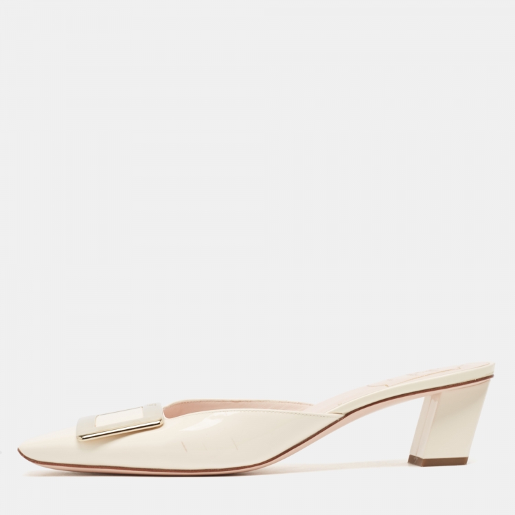 Pre Owned Roger Vivier Cream Patent Leather Belle Vivier  Mules Size 39