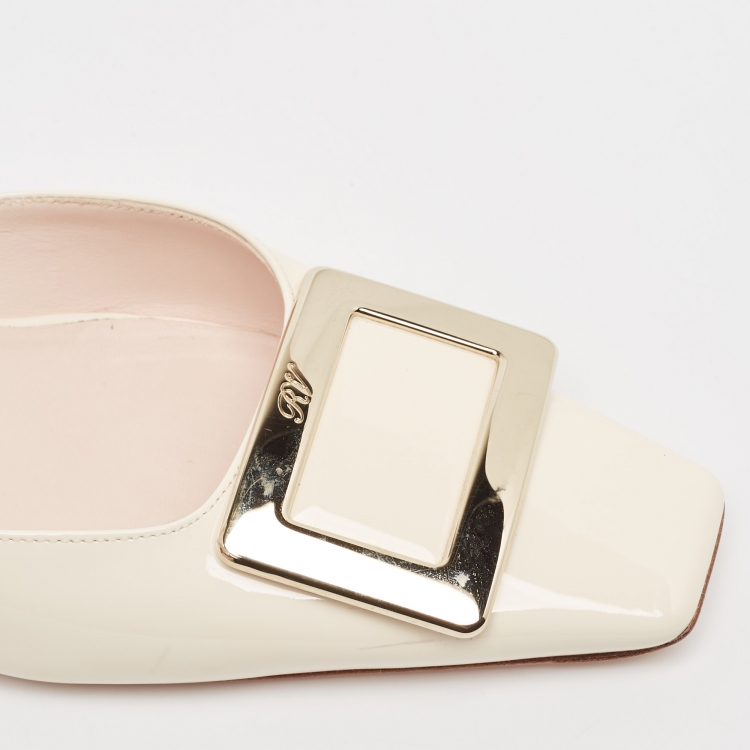 Pre Owned Roger Vivier Cream Patent Leather Belle Vivier  Mules Size 39