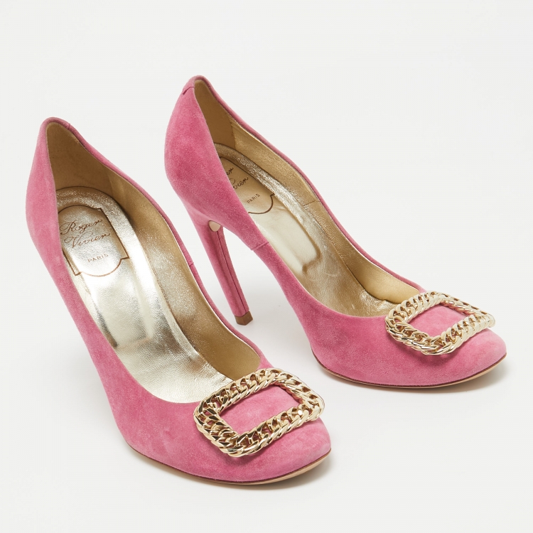 Pre Owned Roger Vivier Pink Suede Chain Buckle Round Toe Pumps Size 39