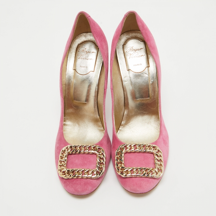 Pre Owned Roger Vivier Pink Suede Chain Buckle Round Toe Pumps Size 39