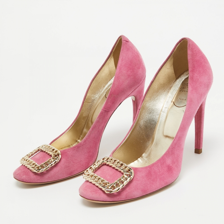 Pre Owned Roger Vivier Pink Suede Chain Buckle Round Toe Pumps Size 39