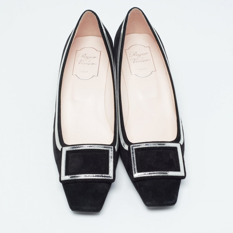 Pre Owned Roger Vivier Black/Silver Suede and Leather Belle Pumps Size 39